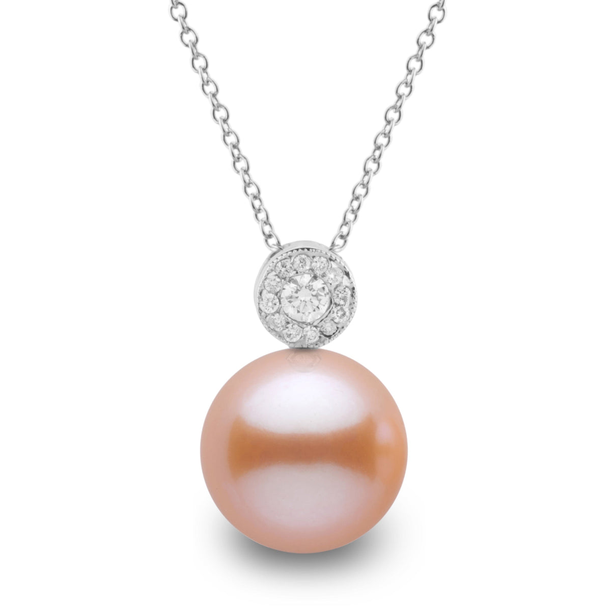 Aura Collection 10.0-11.0 mm Pink to Peach Freshadama Pearl and Diamond Pendant, view 2