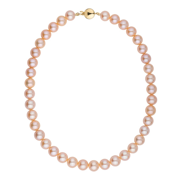 10.0-11.0 mm Pink to Peach Freshadama Freshwater Pearl Necklace Yellow gold polished ball clasp