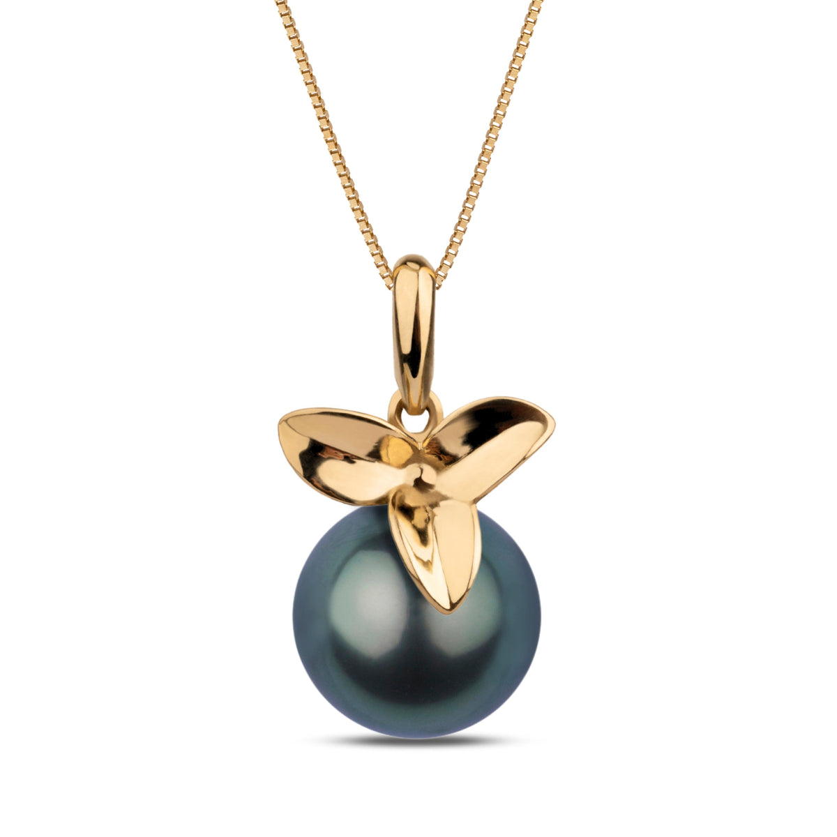 Blossom Collection 10.0-11.0 mm Tahitian Pearl Pendant featuring a lustrous dark Tahitian pearl with a delicate gold floral-inspired setting on a fine gold chain.