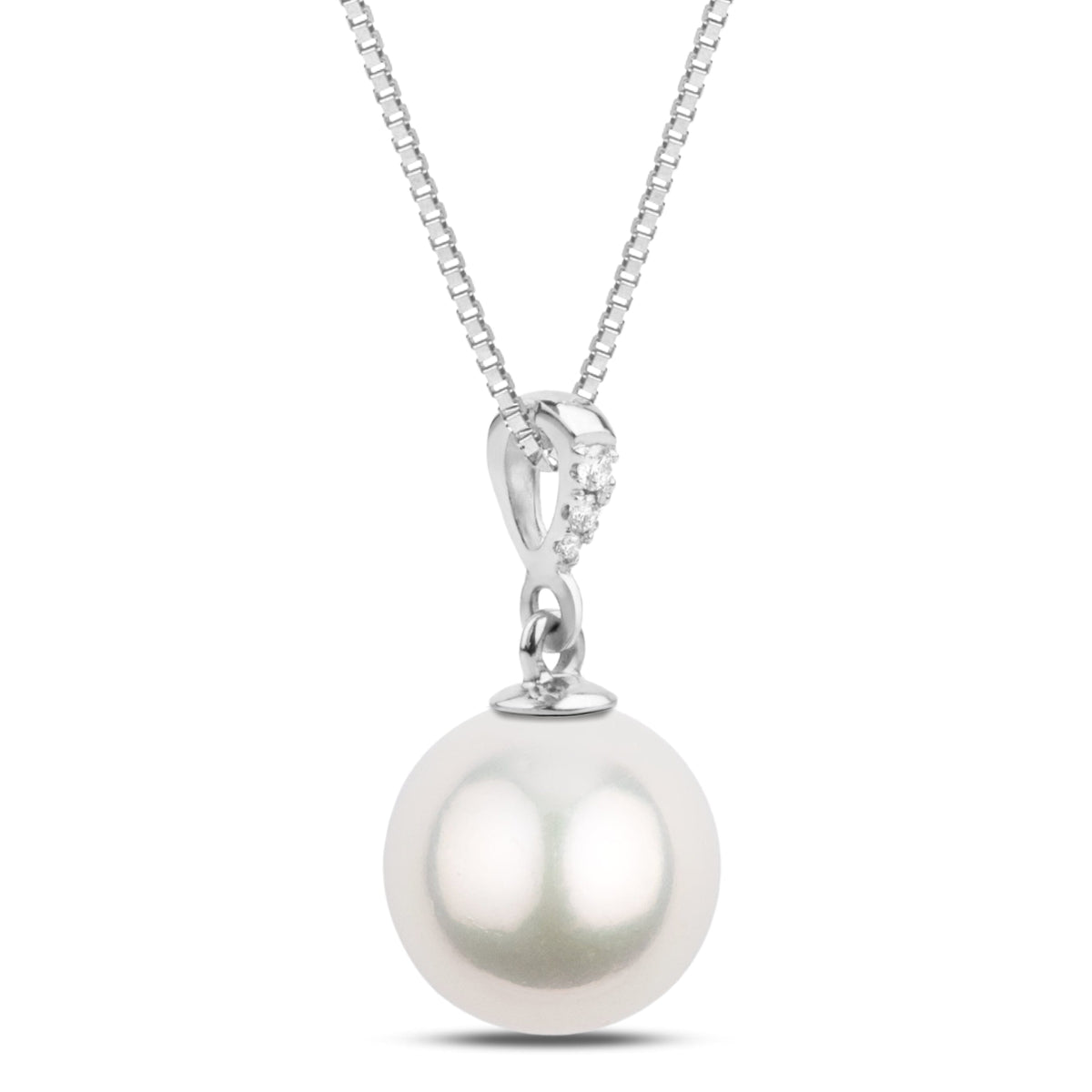 Grace Collection 10.0-11.0 mm White South Sea Pearl and Diamond Pendant with a lustrous white pearl hanging from a delicate white gold chain accented by sparkling diamonds.