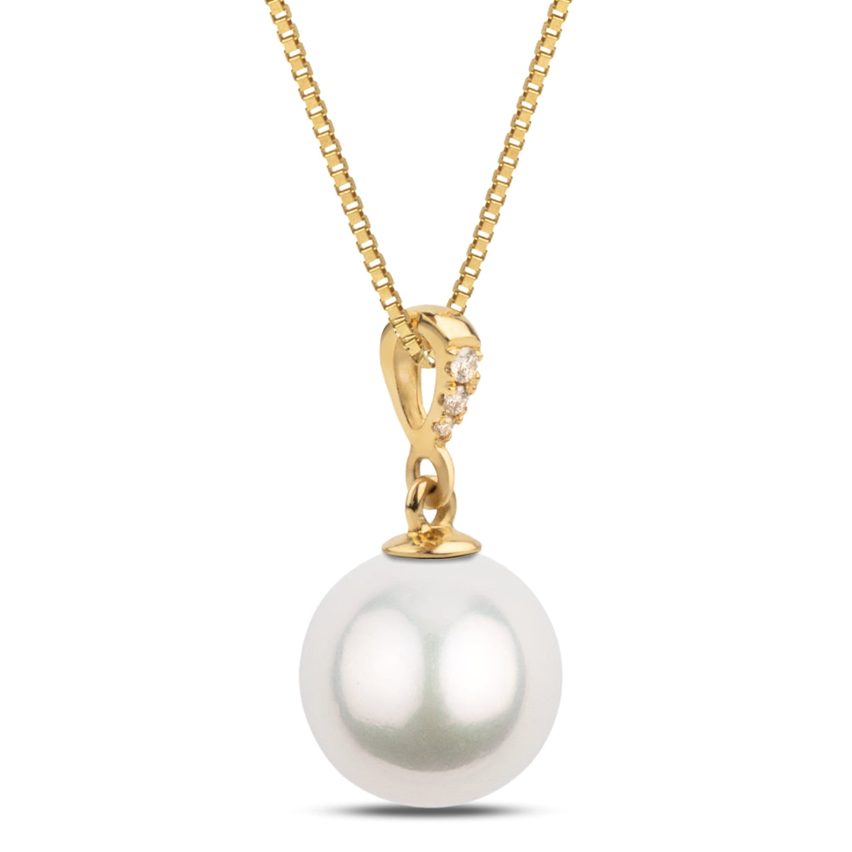Grace Collection 10.0-11.0 mm White South Sea Pearl and Diamond Pendant featuring a lustrous white pearl suspended from a yellow gold chain accented with small sparkling diamonds.