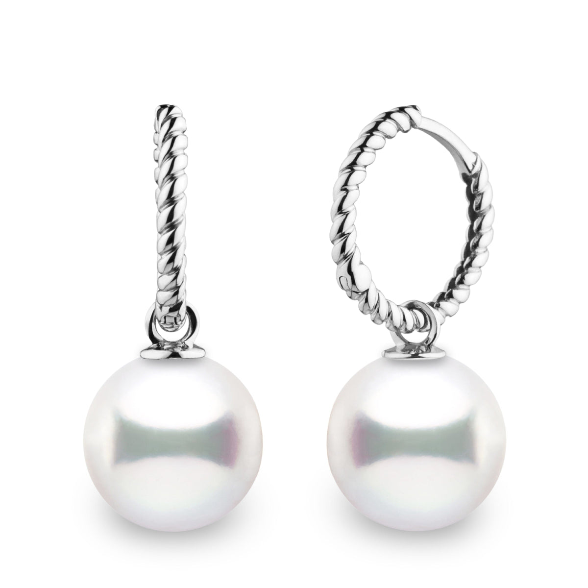 Rope Collection 10.0-11.0 mm White South Sea Pearl Earrings featuring lustrous white South Sea pearls suspended from elegant twisted rope-style 14K white gold hoops, perfect for sophisticated wear.