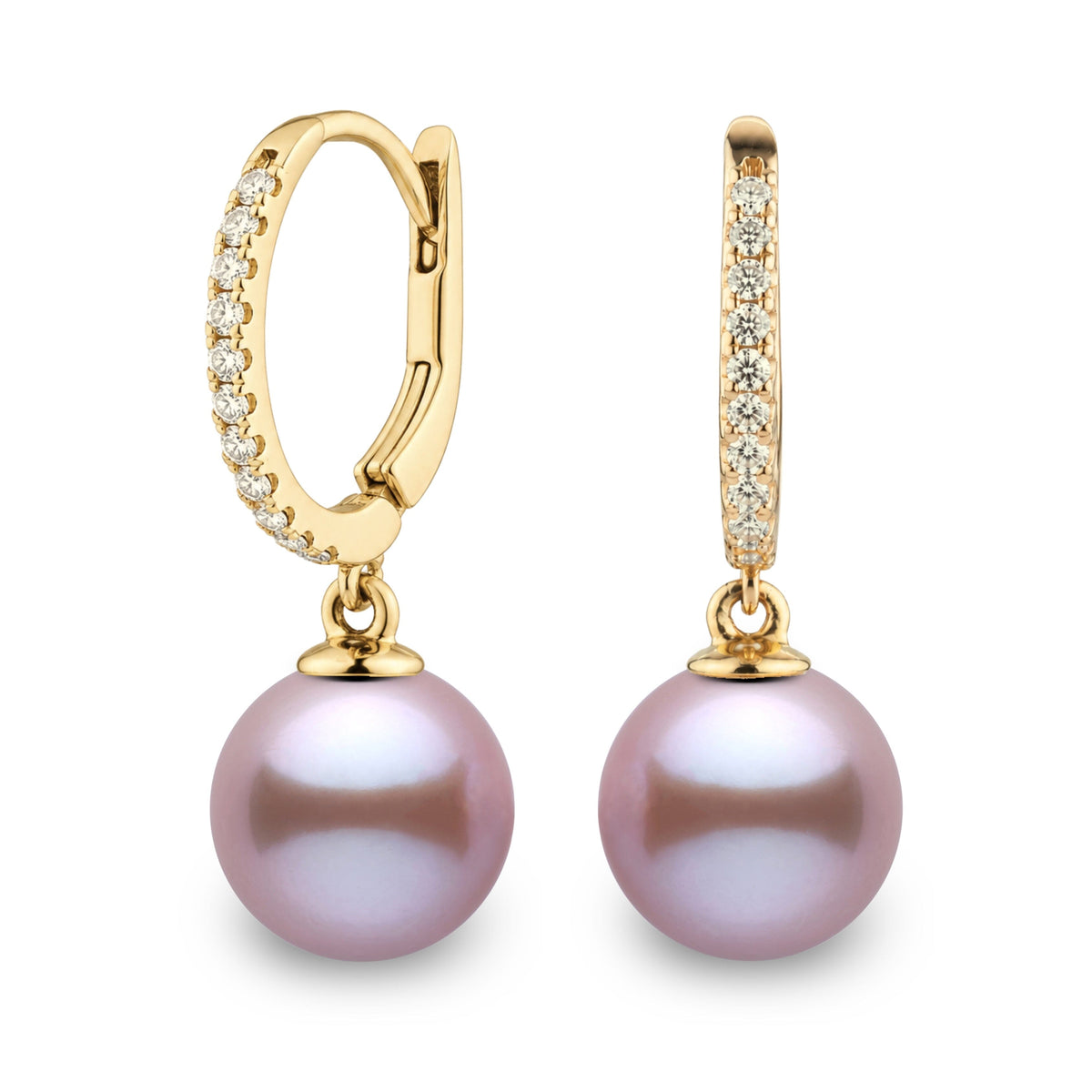 Eternal Collection 10.0-11.0 mm Lavender Freshadama Pearl & Diamond Dangle Earrings, view 2