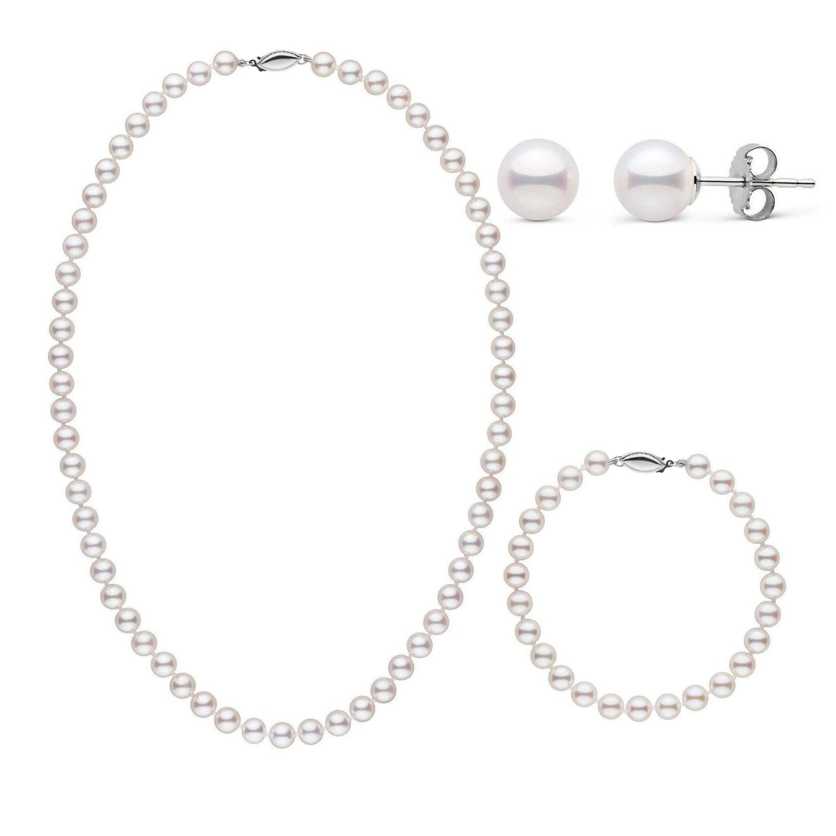 3-Piece Set of 6.0-6.5 mm AA+ White Akoya Pearls featuring a classic pearl necklace, matching pearl bracelet, and pearl stud earrings with a lustrous finish.