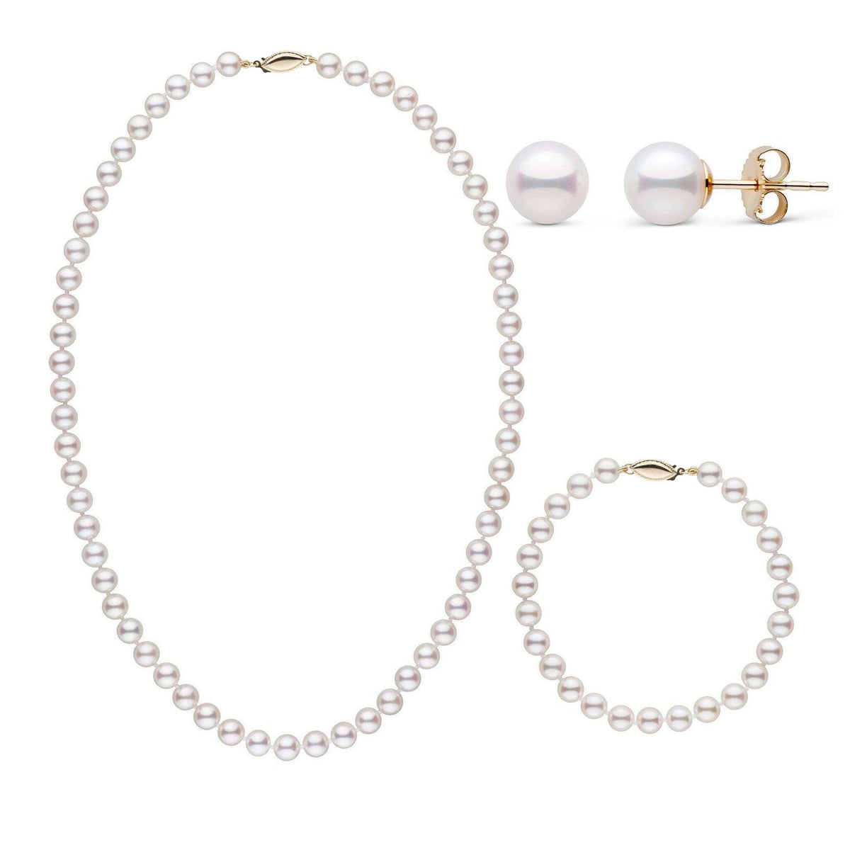 3-Piece Set of 6.0-6.5 mm AA+ White Akoya Pearls featuring a pearl necklace, matching pearl bracelet, and pair of pearl stud earrings with gold clasps.