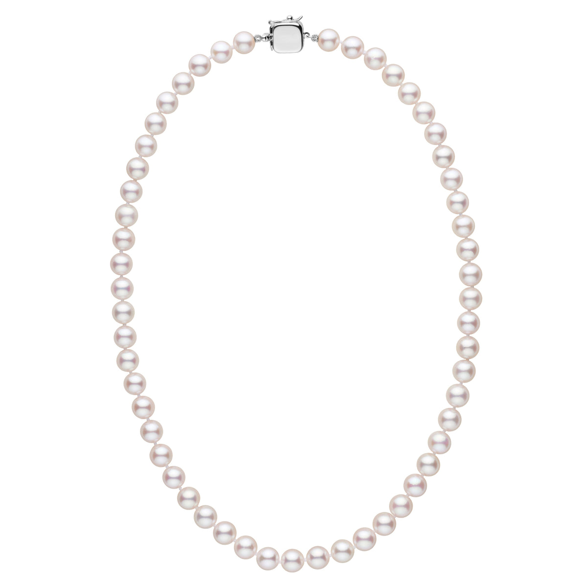 Personalized 18 Inch 7.5-8.0 mm AAA Akoya Pearl Square Clasp Necklace featuring lustrous white cultured akoya pearls with a modern square clasp in white metal.