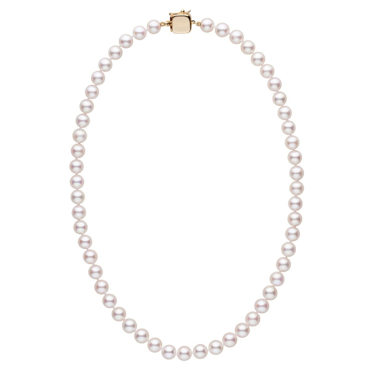 Personalized 18 Inch 7.5-8.0 mm AAA Akoya Pearl Square Clasp Necklace featuring lustrous white cultured akoya pearls and a sleek square gold clasp for an elegant finish.