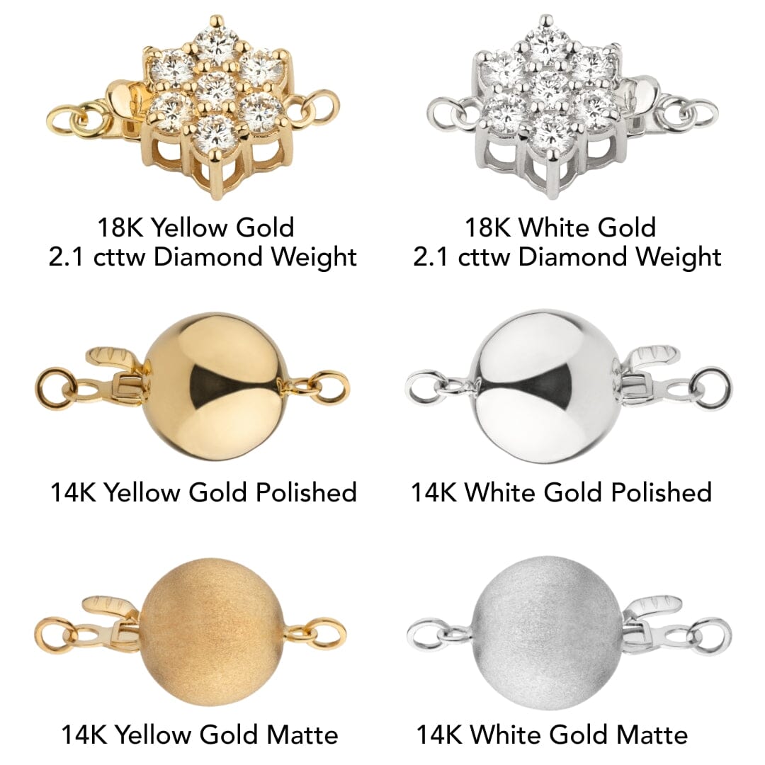 Assael Collection: 12.0 to 14.3 mm Round South Sea and Tahitian Multicolor Pearl Necklace clasp options featuring 18K yellow and white gold with diamonds, and 14K yellow and white gold in polished and matte finishes.