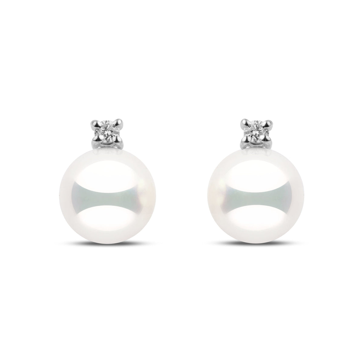 7.0–7.5 mm natural white Hanadama akoya pearl earrings with 0.06 cttw G-VS1 diamonds in 14k white gold.