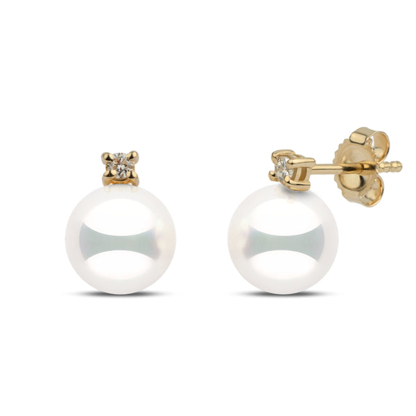 Starlight Collection 7.0-7.5 mm Natural White Hanadama Pearl and Diamond Stud Earrings yellow gold