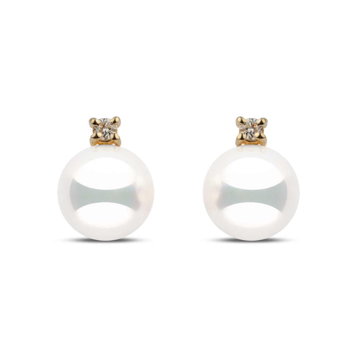 7.5–8.0 mm natural white Hanadama akoya pearl earrings with 0.06 cttw G-VS1 diamonds in 14k yellow gold. Certified in Japan for brilliance and luster.