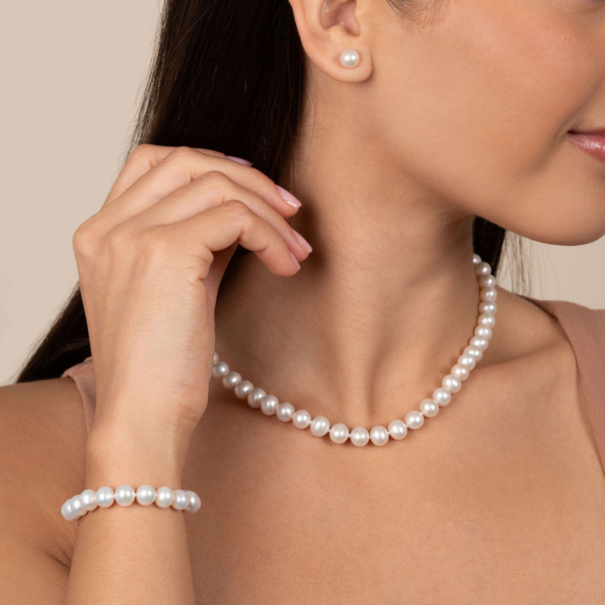 3-Piece Set of 7.5-8.0 mm AA+ White Freshwater Pearls