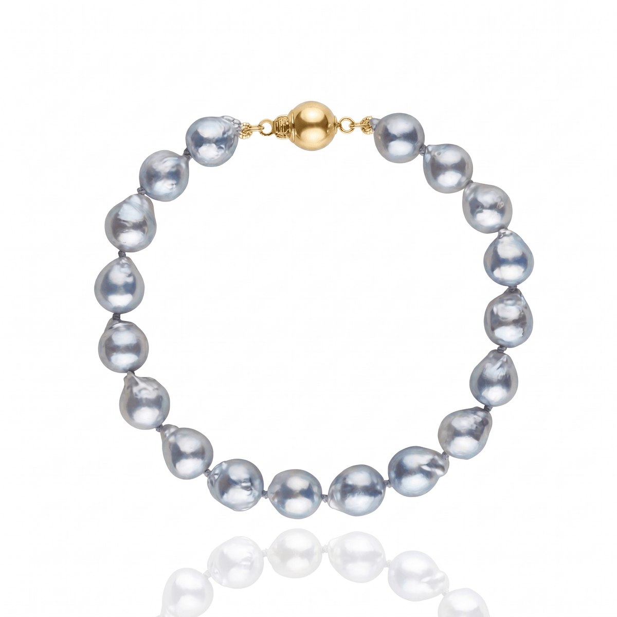 7.5-8.0 mm Silver Blue Akoya Baroque Pearl Bracelet with a yellow gold clasp