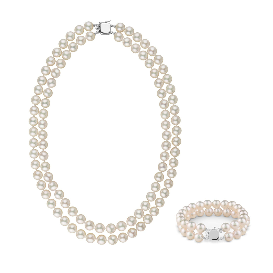 8.0-8.5 mm AAA Blush White Silver Rose Tone Akoya Pearl Double Strand Necklace & Bracelet Set