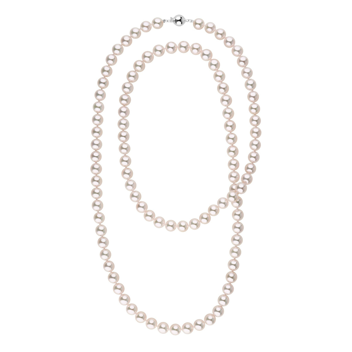 8.0-8.5 mm 35 Inch AAA White Akoya Pearl Necklace featuring lustrous white akoya pearls with a classic round shape and elegant 14K white gold clasp.