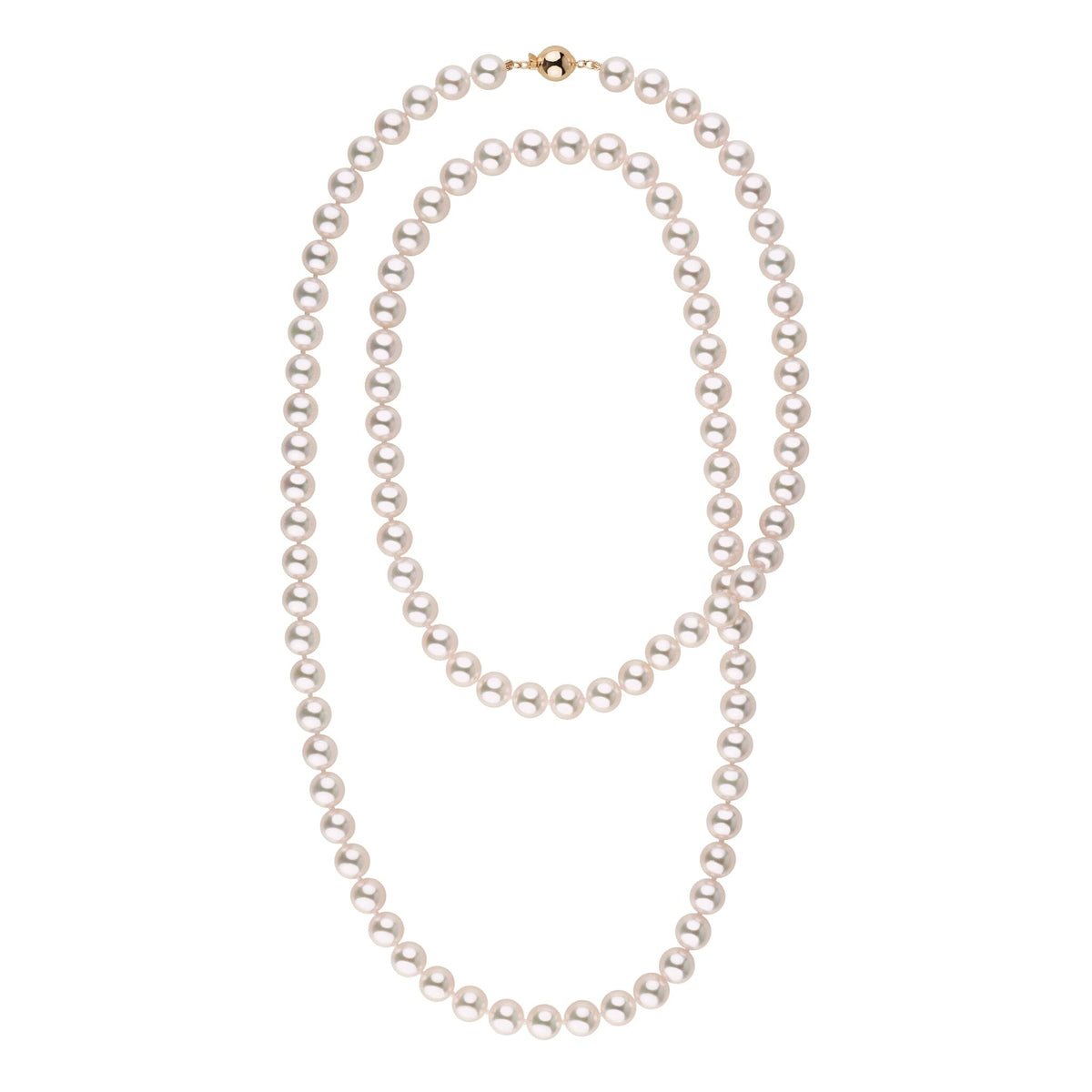 8.0-8.5 mm 35 Inch AAA White Akoya Pearl Necklace featuring lustrous, round cultured akoya pearls with a gold clasp, elegant and timeless fine pearl strand for sale.