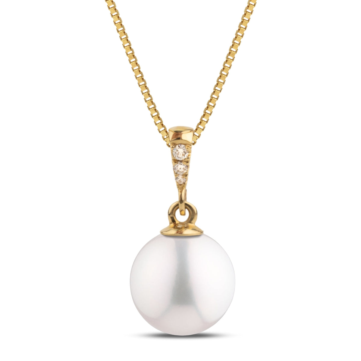 Grace Collection 8.5-9.0 mm Freshadama Pearl and Diamond Pendant featuring a lustrous white freshwater pearl set in yellow gold with three small diamonds on the bail.