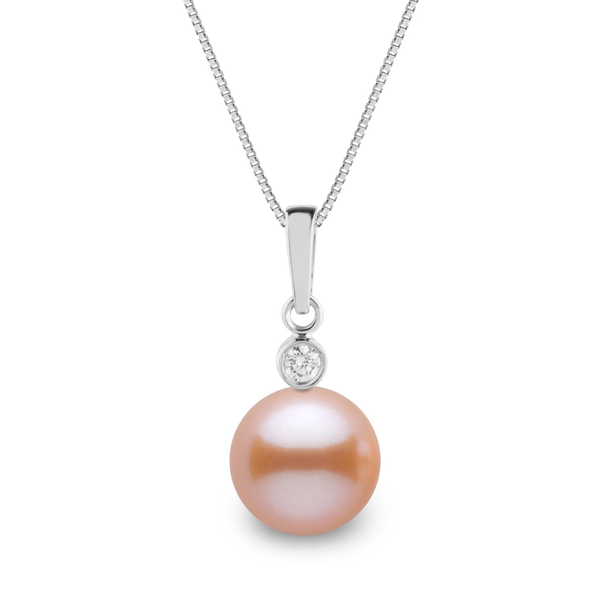 Brilliant Collection 8.5-9.0 mm Pink to Peach Freshadama Pearl and Diamond Pendant in 14K White Gold on a Box Chain
