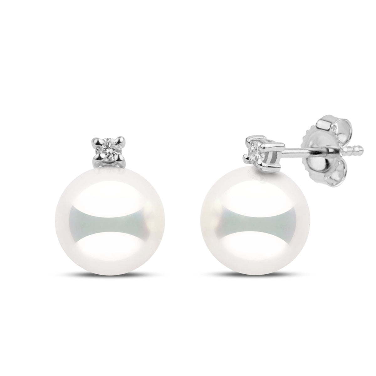 8.5–9.0 mm natural white Hanadama akoya pearl earrings - 0.06 cttw G-VS1 diamonds in 14k white gold.