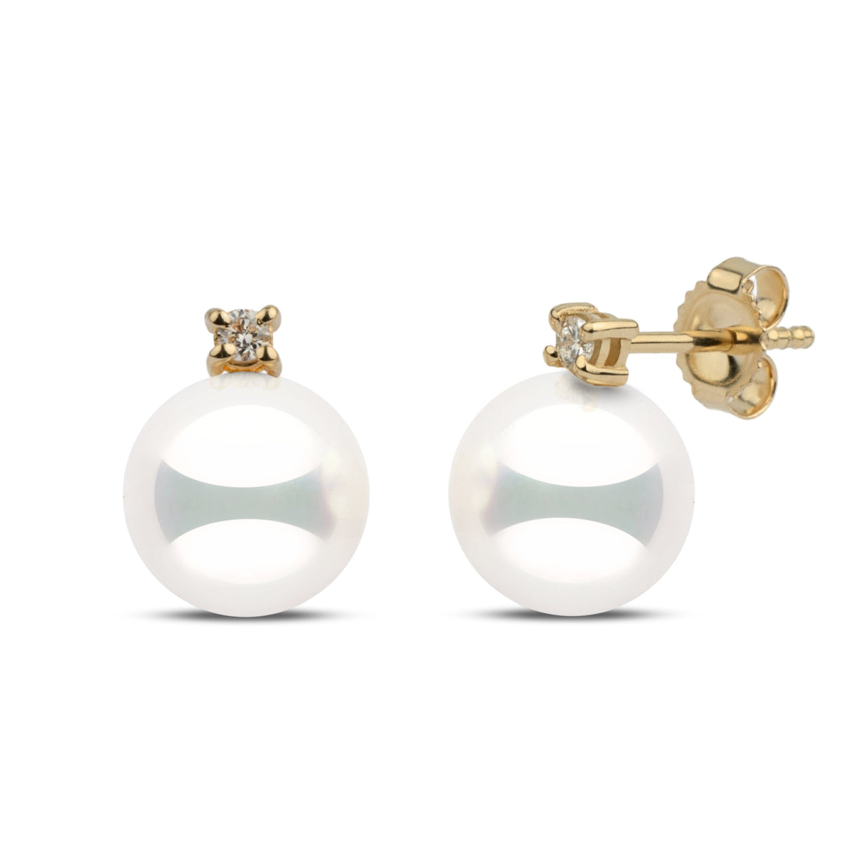 8.5–9.0 mm natural white Hanadama akoya pearl earrings with 0.06 cttw G-VS1 diamonds in 14k yellow gold. Certified untreated pearls with rare luster.
