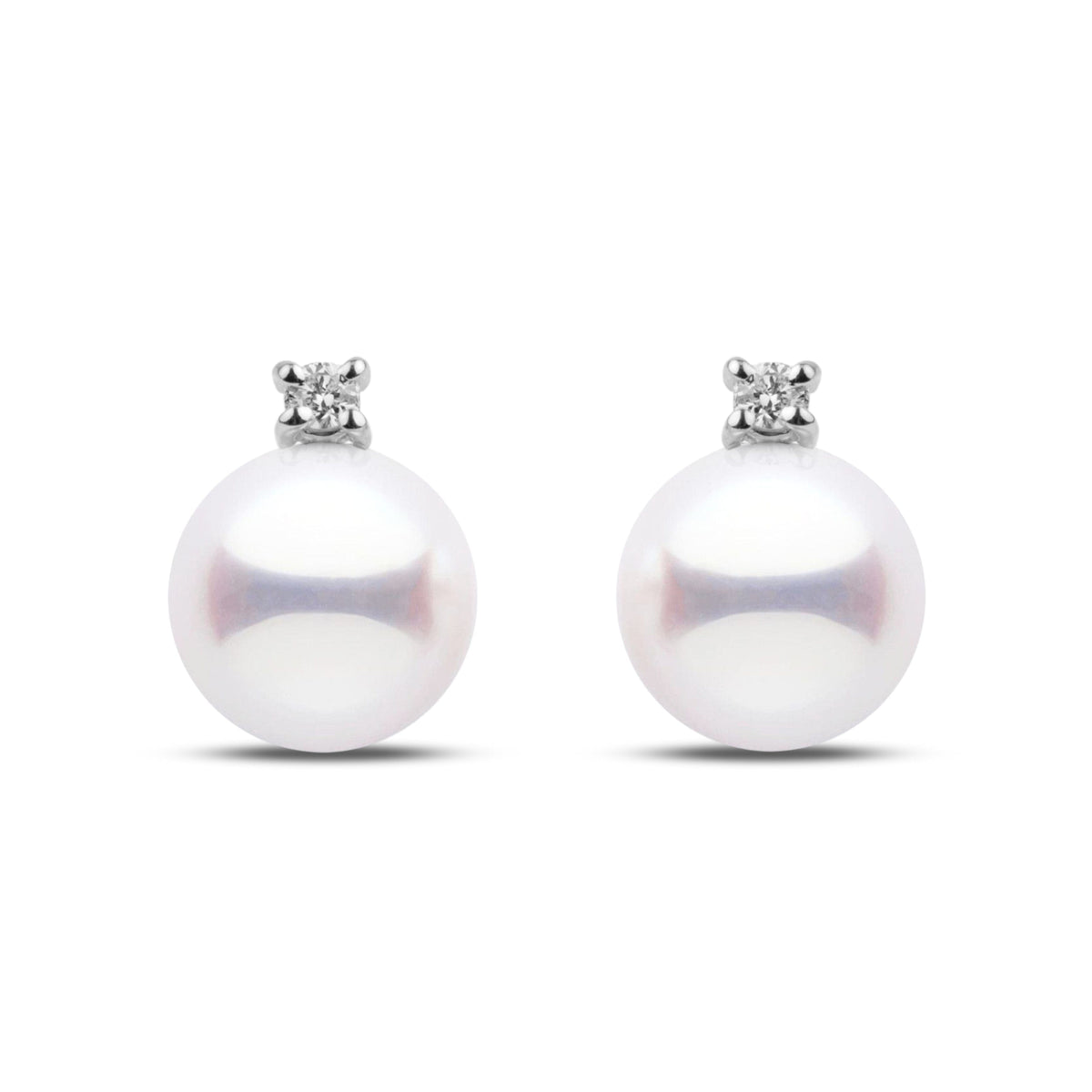 Japanese certified hanadama akoya pearl studs set with 0.6 cttw VS1-G quality natural diamonds in white gold