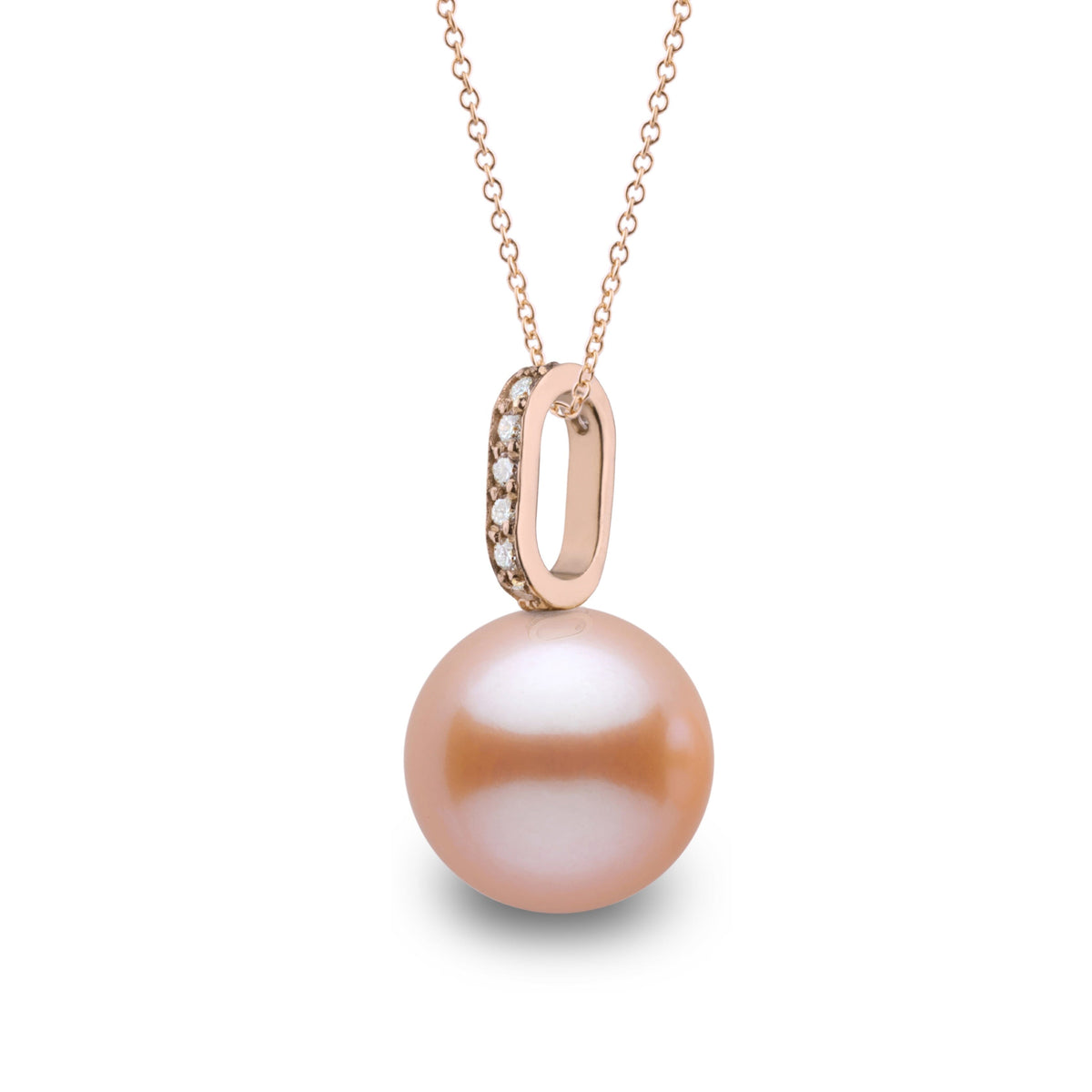 Forever Collection 9.0-10.0 mm Pink to Peach Freshadama Pearl and Diamond Pendant in 14K Yellow Gold on a Box Chain