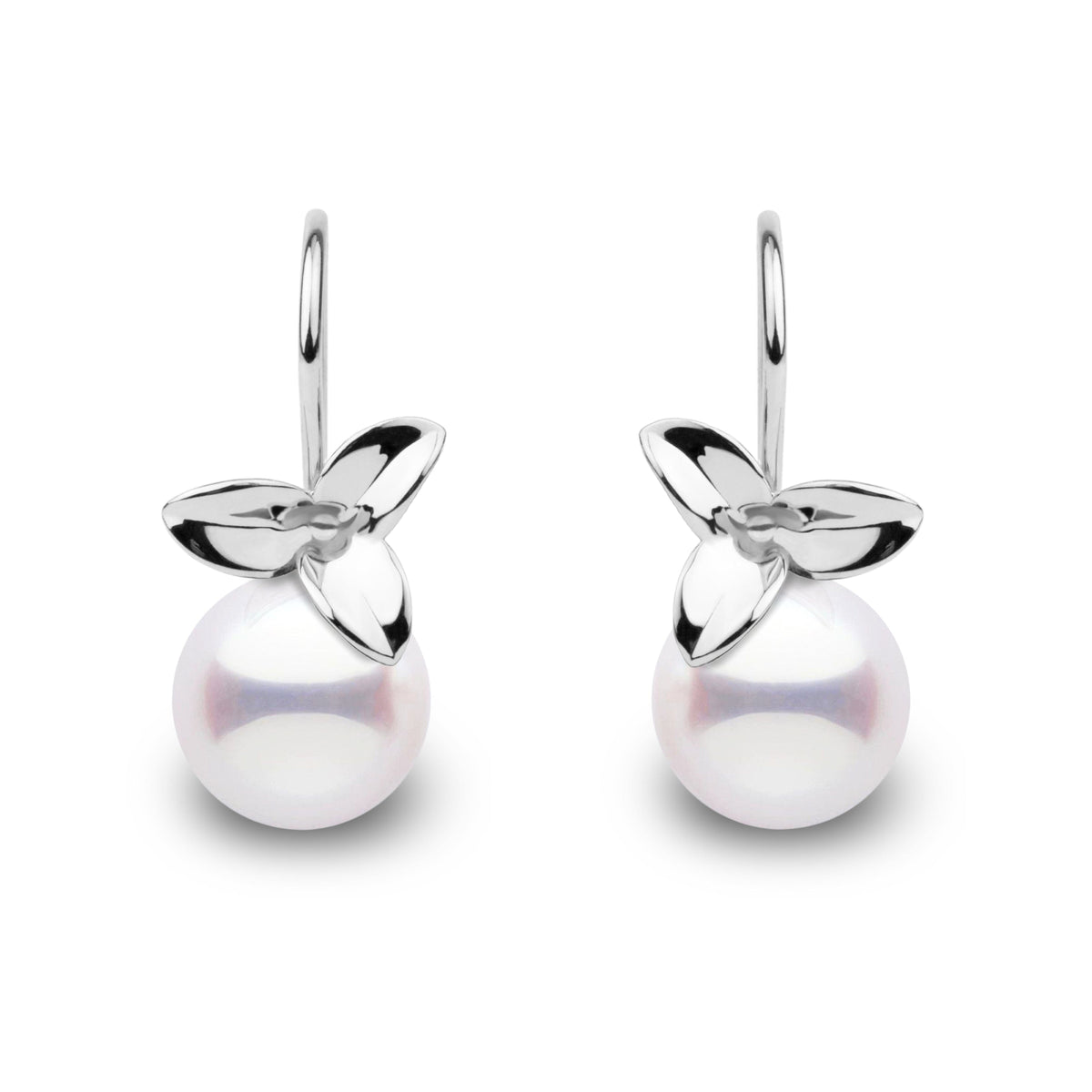 Elegant pair of Blossom Collection 9.0-9.5 mm Akoya Pearl Earrings featuring lustrous white pearls accented with delicate 14K white gold floral motifs for a refined, timeless look.