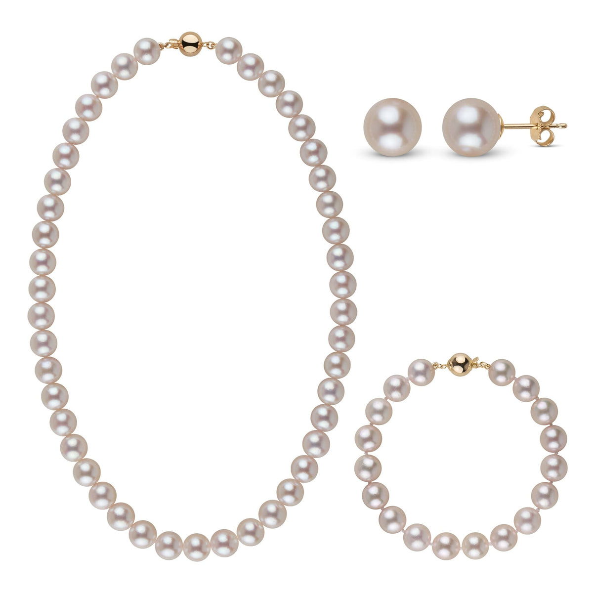 3-Piece Set of 9.0-9.5 mm AA+ White Akoya Pearls featuring a classic pearl necklace, matching pearl bracelet, and pearl stud earrings with gold accents.