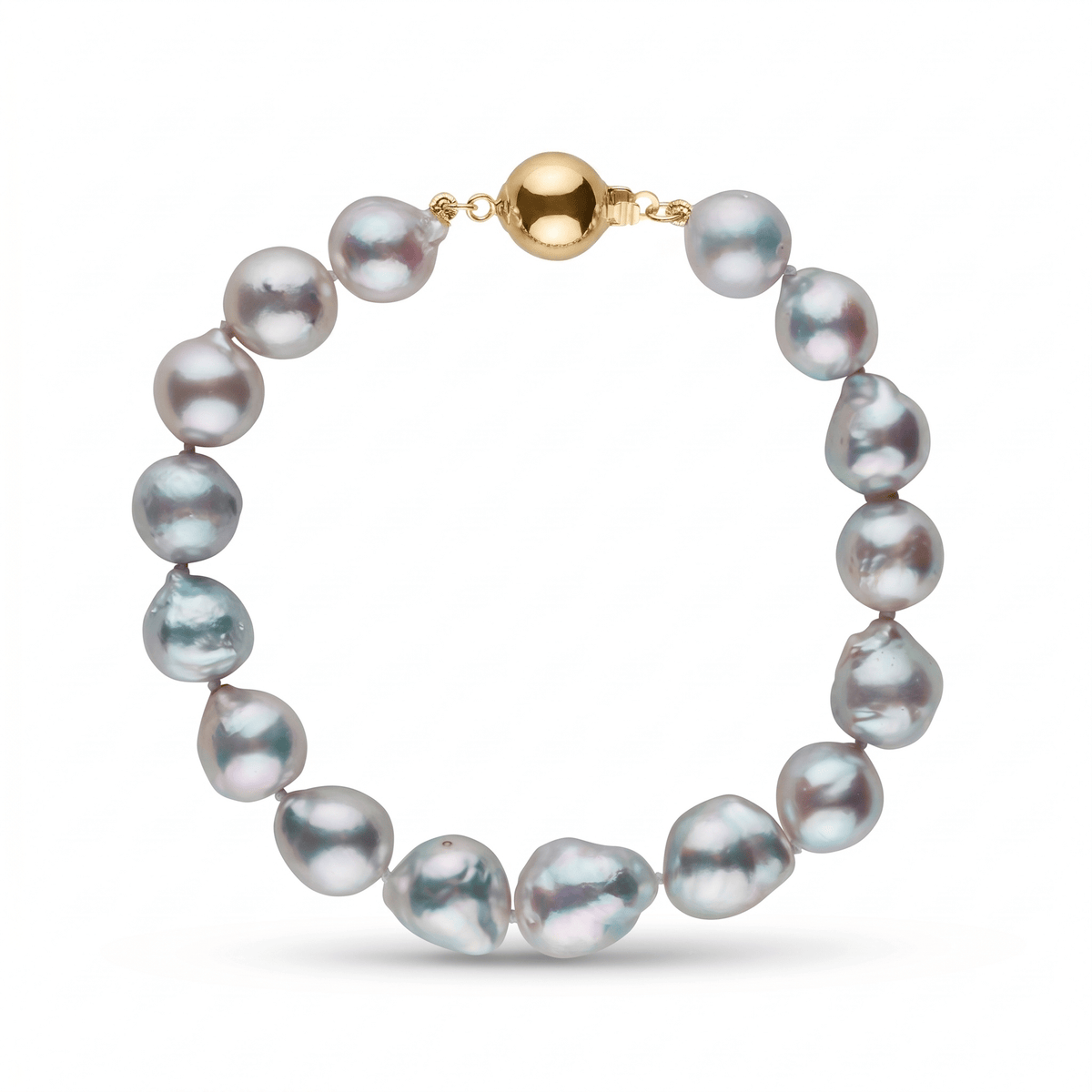 9.0-9.5 mm Silver-Blue Akoya Baroque Pearl Bracelet featuring lustrous irregular-shaped akoya pearls with silver-blue hues and a polished yellow gold clasp.