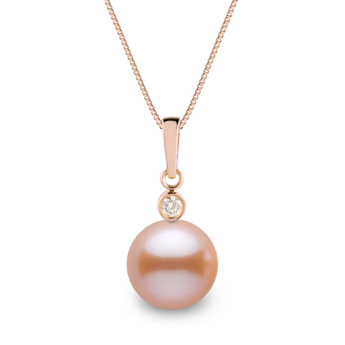 Brilliant Collection 9.0-10.0 mm Pink to Peach Freshadama Pearl and Diamond Pendant in 14K White Gold on a Box Chain