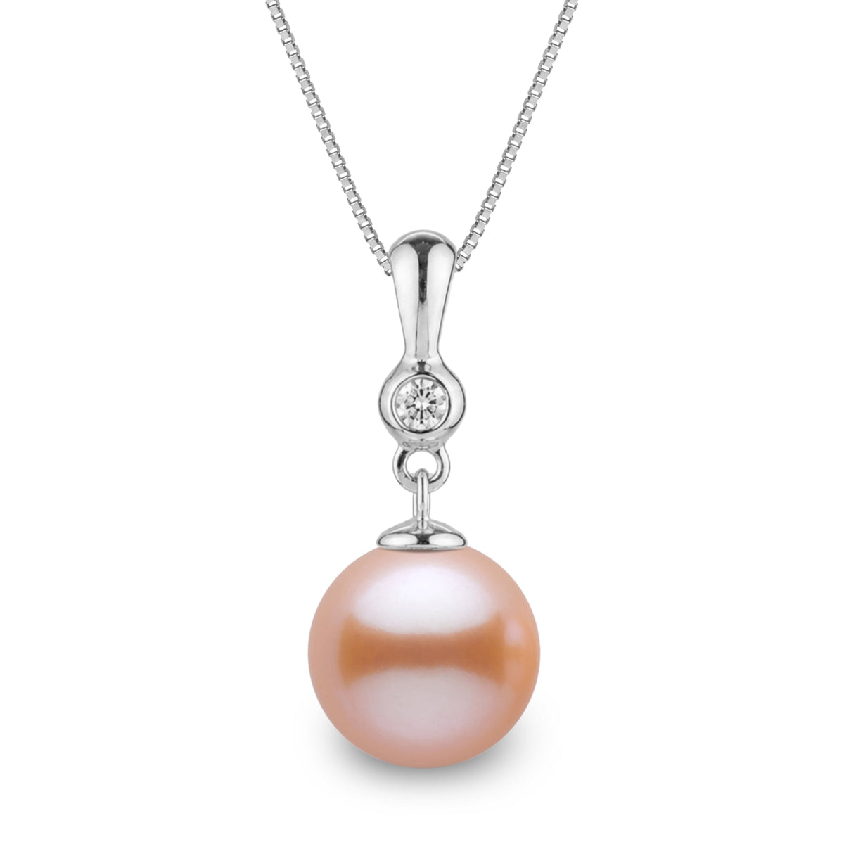 Romantic Collection 9.0-10.0 mm Pink to Peach Freshadama Pearl & Diamond Pendant in 14K White Gold on a Box Chain