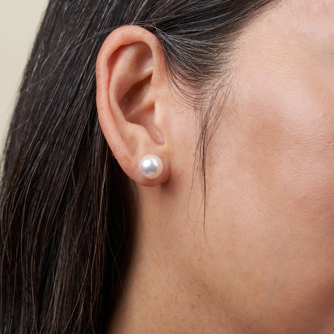 9.0-9.5 mm White Akoya AAA Pearl Stud Earrings on model