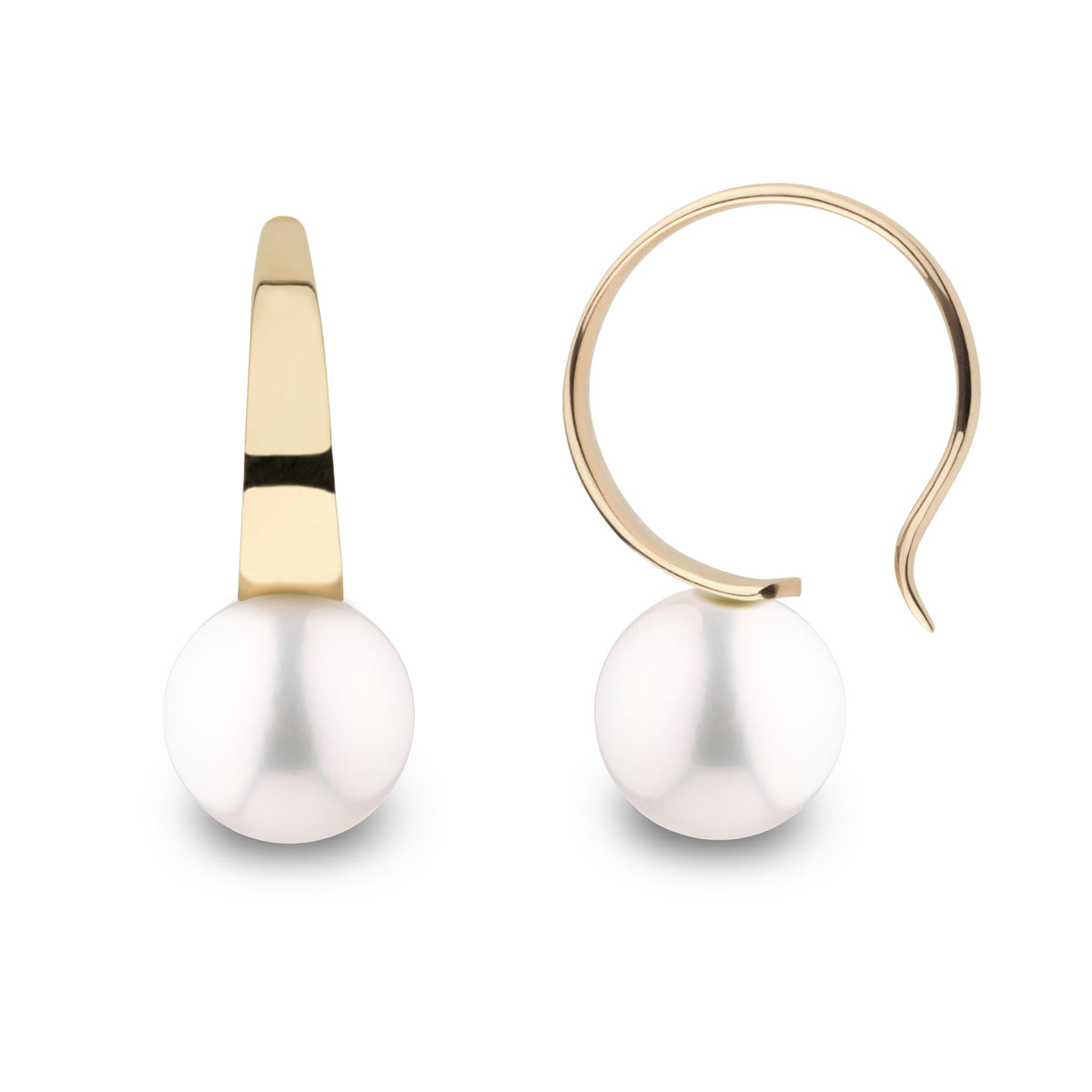 Large Crescent Collection White Freshadama Freshwater 9.0-10.0 mm Pearl Hoop Earrings featuring elegant round white pearls set on sleek gold hoops, showcasing timeless freshwater pearl jewelry.