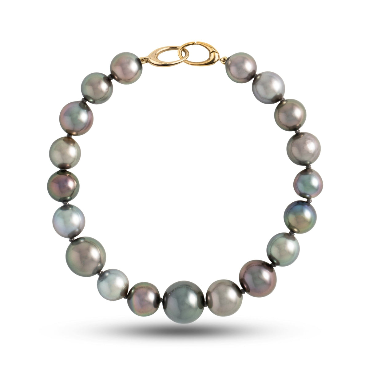 8.0-12.0 mm AAA Multicolor Round Tahitian Pearl Bracelet with a 14K yellow gold orbit clasp