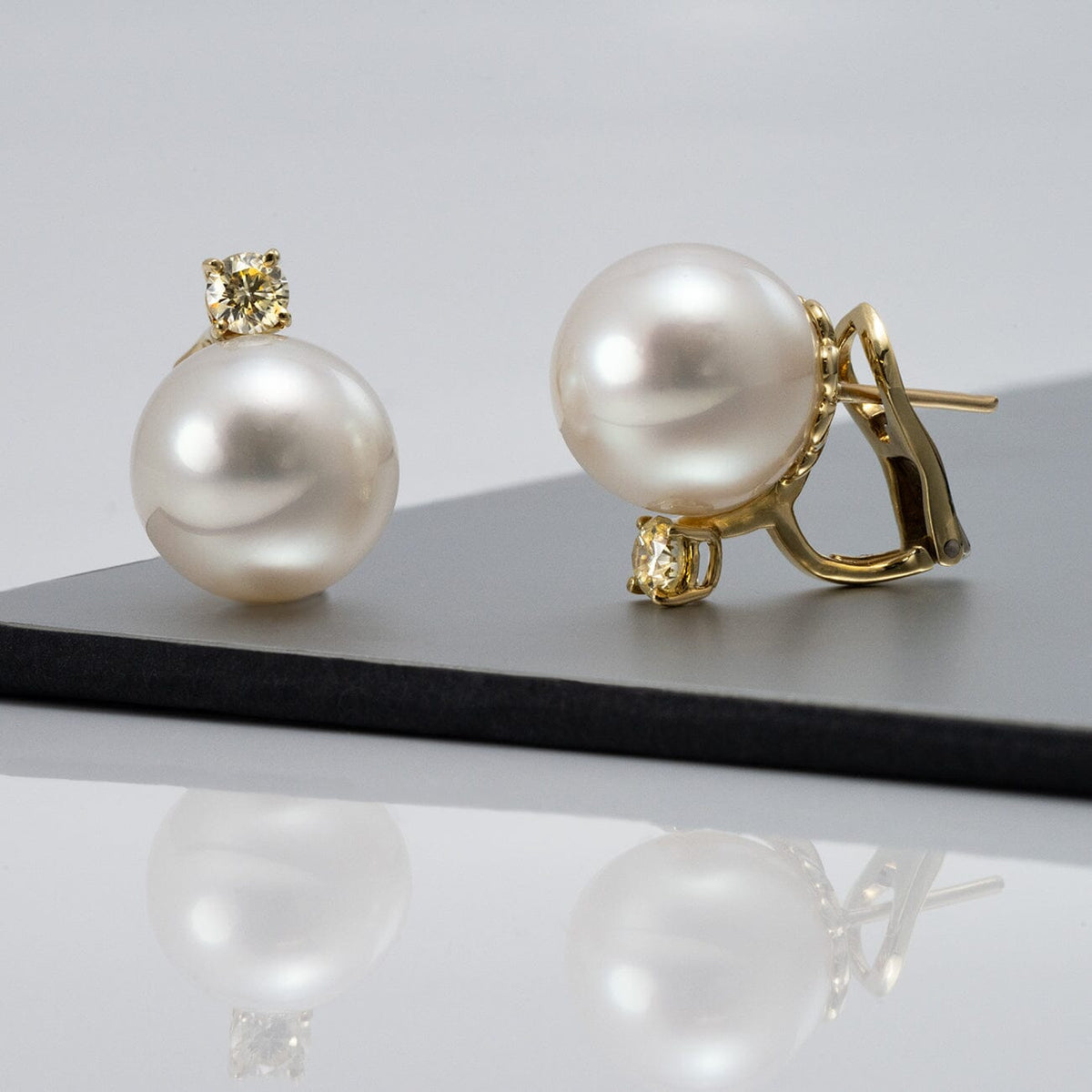 13.7 and 13.6 mm White South Sea Pearl and Diamond Earrings