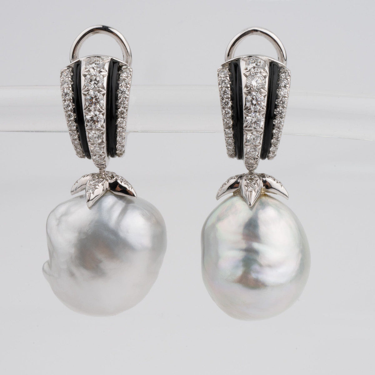 Assael Collection: 17.2 by 18.1 mm South Sea Pearl and Diamond Earrings featuring large baroque pearls set with sparkling diamonds and detailed 14K white gold accents.