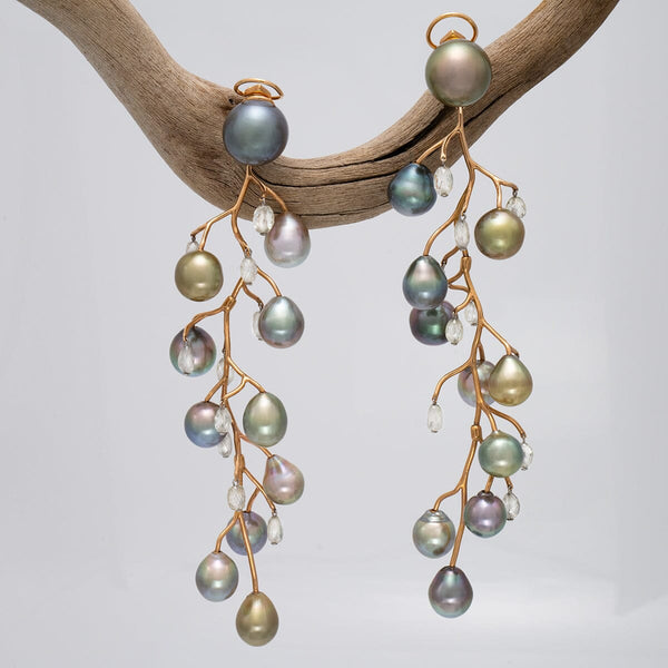 9.0-14.0 mm Fijian Pearl and Diamond Vine style Earrings with 18K Rose Gold