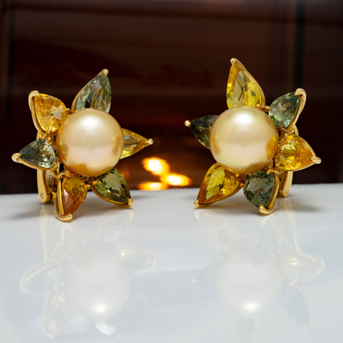 Assael Collection: 12.8 x 12.5 mm Golden South Sea Pearl and Sapphire Flower Earrings, 18K Green Gold