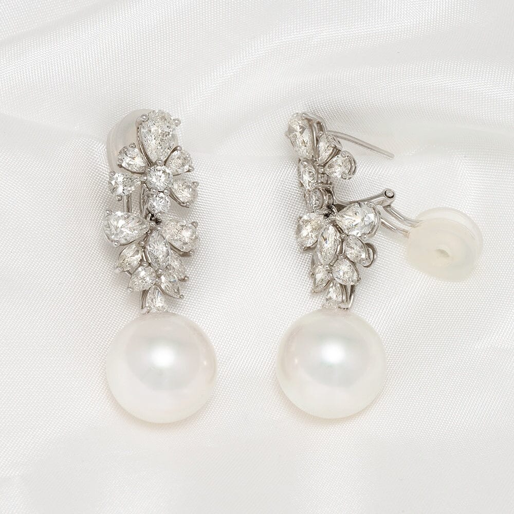 14.0-15.0 mm White South Sea Pearl and Diamond Earrings