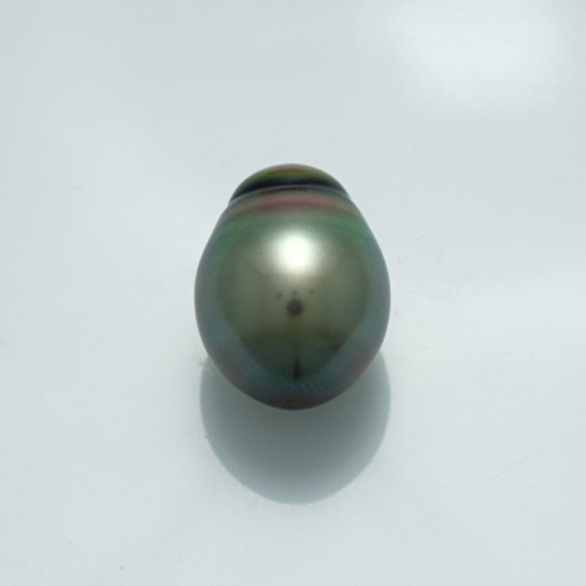 16.6 x 12.4 mm Fijian Drop Pearl with a smooth lustrous surface displaying a natural dark green and metallic overtones, ideal for fine pearl jewelry designs.