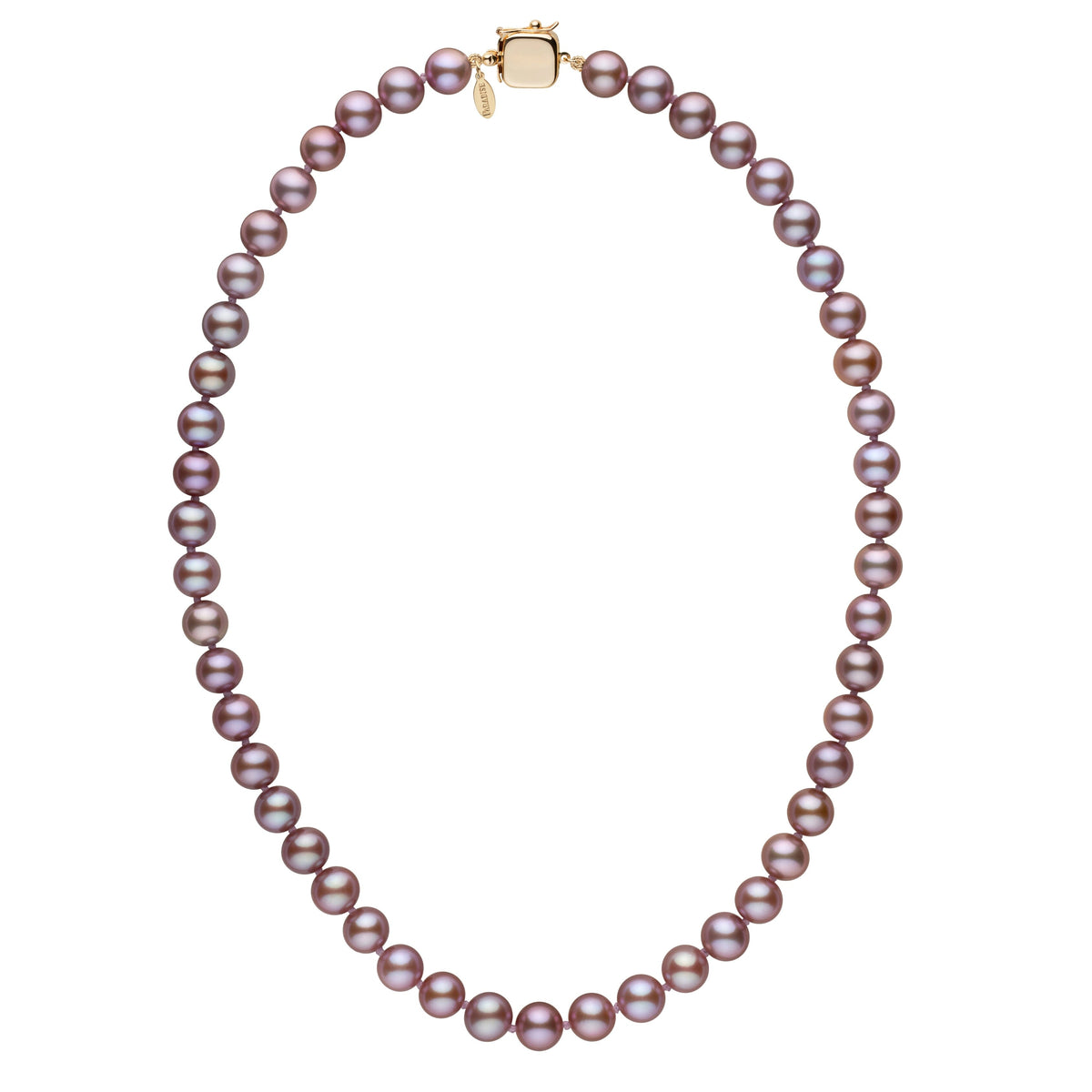 Personalized 7.5-8.0 mm Lavender Freshadama Freshwater Pearl Square Clasp Necklace featuring round lavender freshwater pearls with a gold square clasp, elegant and timeless pearl jewelry.