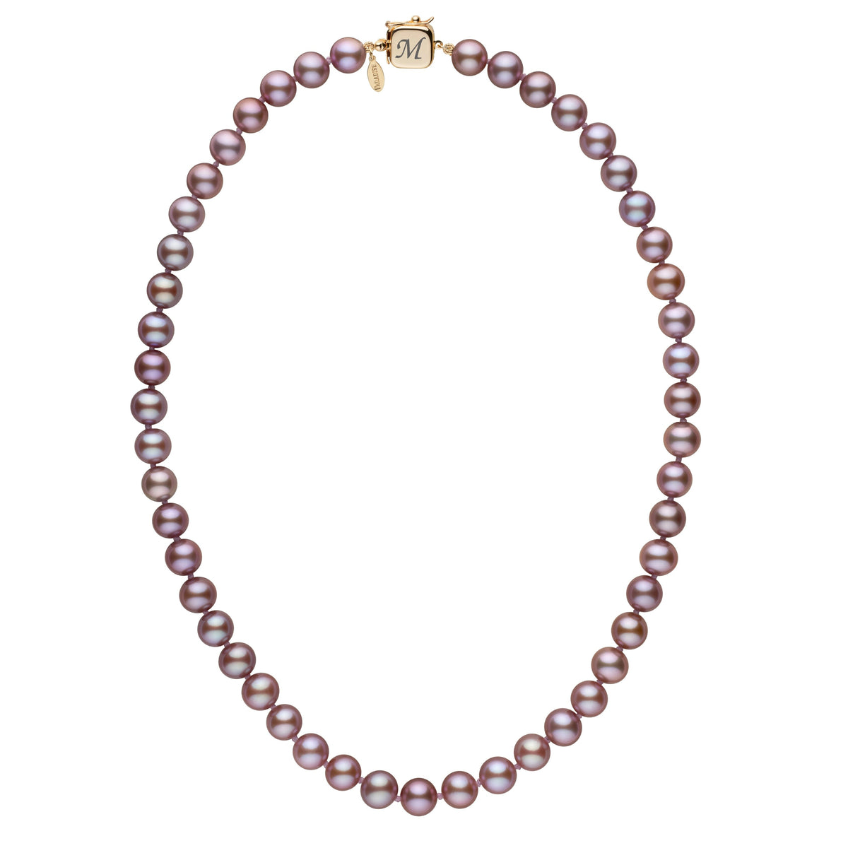 Elegant strand of lavender freshwater pearls featuring a personalized square clasp with initial engraving, showcasing the Personalized 7.5-8.0 mm Lavender Freshadama Freshwater Pearl Square Clasp Necklace.
