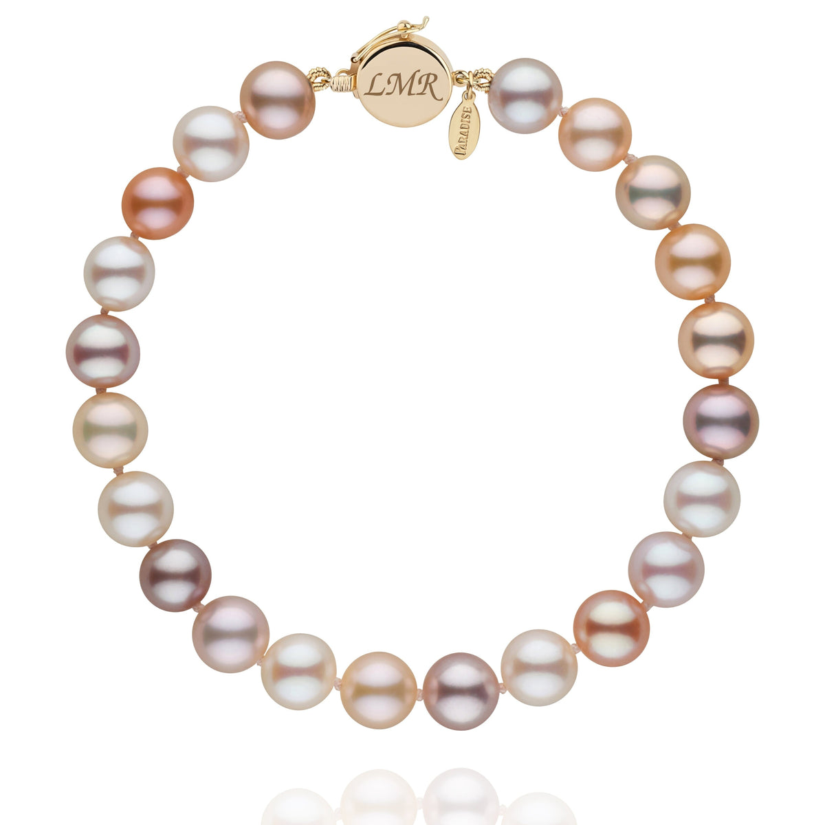 Personalized 7.5-8.0 mm Multicolor Freshadama Freshwater Pearl Circle Clasp Bracelet featuring lustrous round pearls in soft pastel shades with a gold circle clasp engraved with initials.