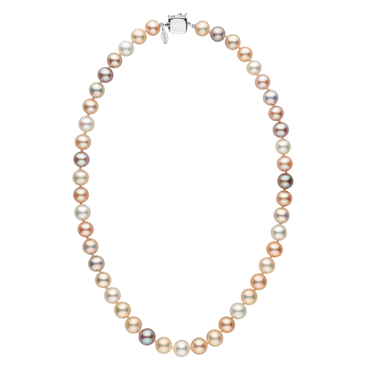 Personalized 8.5-9.0 mm Multicolor Freshadama Freshwater Pearl Square Clasp Necklace featuring round multicolored freshwater pearls with a modern square clasp.