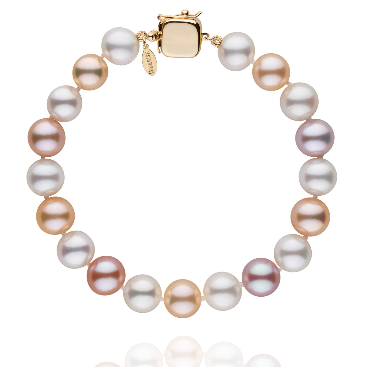 Personalized 8.5-9.0 mm Multicolor Freshadama Freshwater Pearl Square Clasp Bracelet featuring round cultured pearls in soft hues with a gold-tone square clasp, elegant and timeless design.