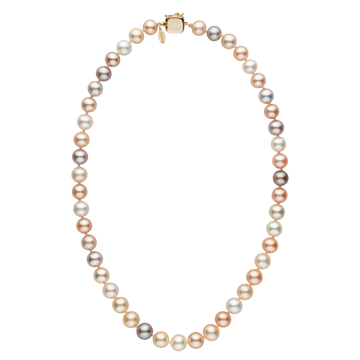 Personalized 8.5-9.0 mm Multicolor Freshadama Freshwater Pearl Square Clasp Necklace featuring a strand of multicolored freshwater pearls with a square clasp.