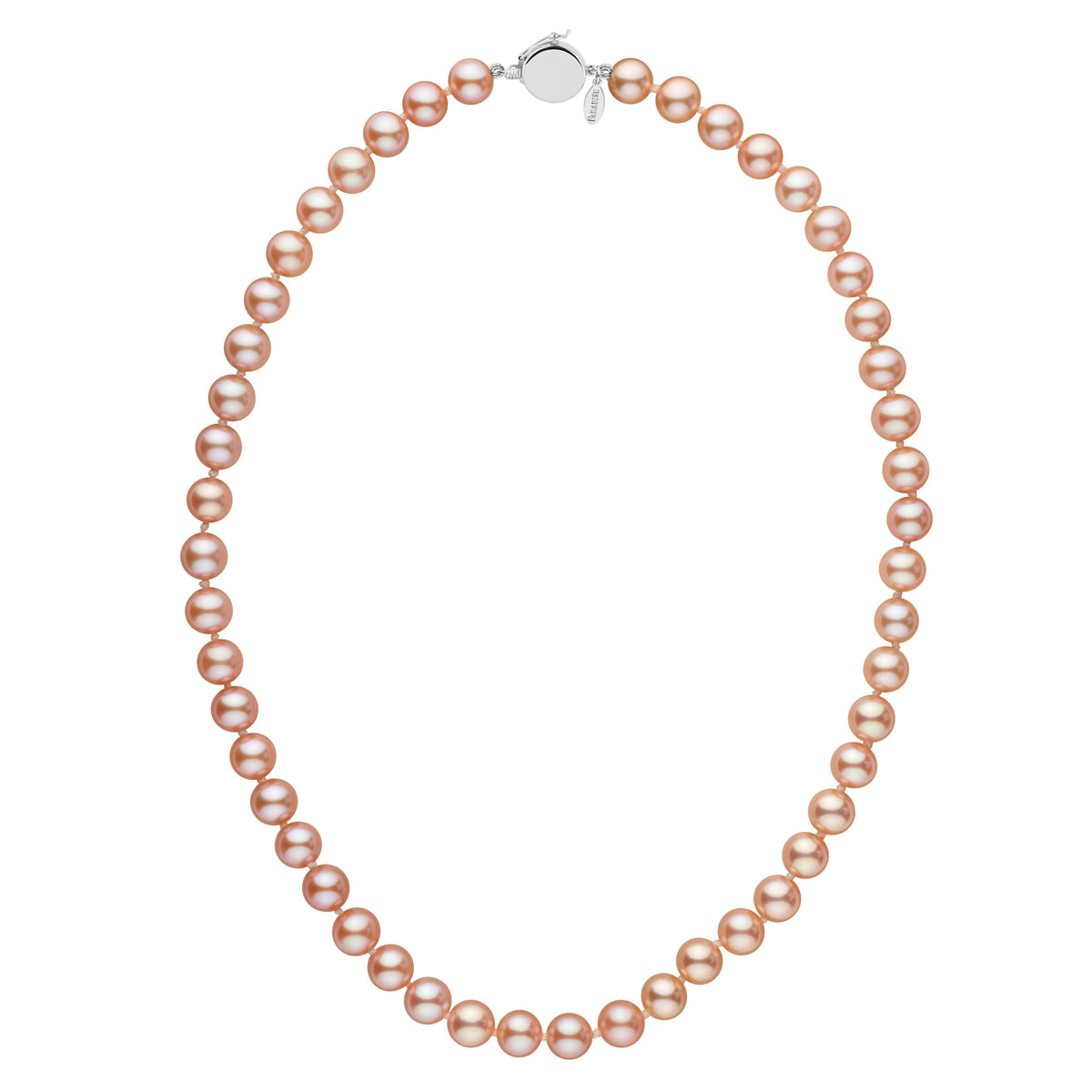 Personalized 7.5-8.0 mm Pink to Peach Freshadama Freshwater Pearl Circle Clasp Necklace featuring lustrous round pearls graduated in soft pink to peach hues with a 14K white gold circle clasp.