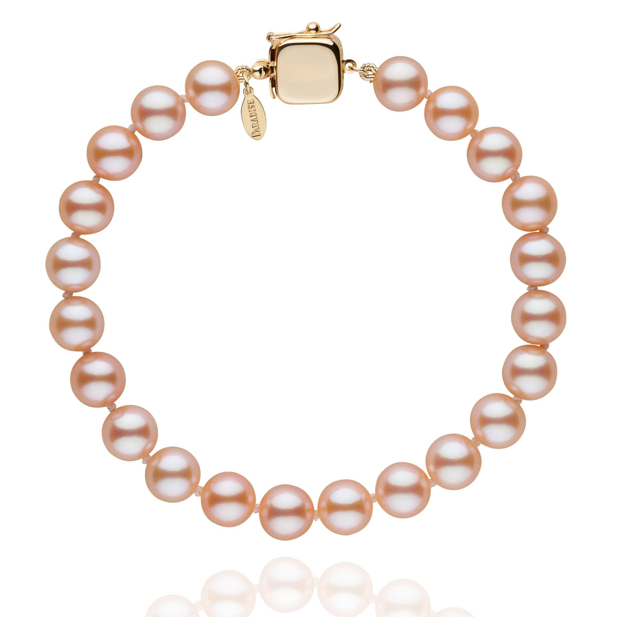 Personalized 7.5-8.0 mm Pink to Peach Freshadama Freshwater Pearl Square Clasp Bracelet with lustrous round pearls and elegant gold-toned square clasp, perfect fine pearl bracelet.