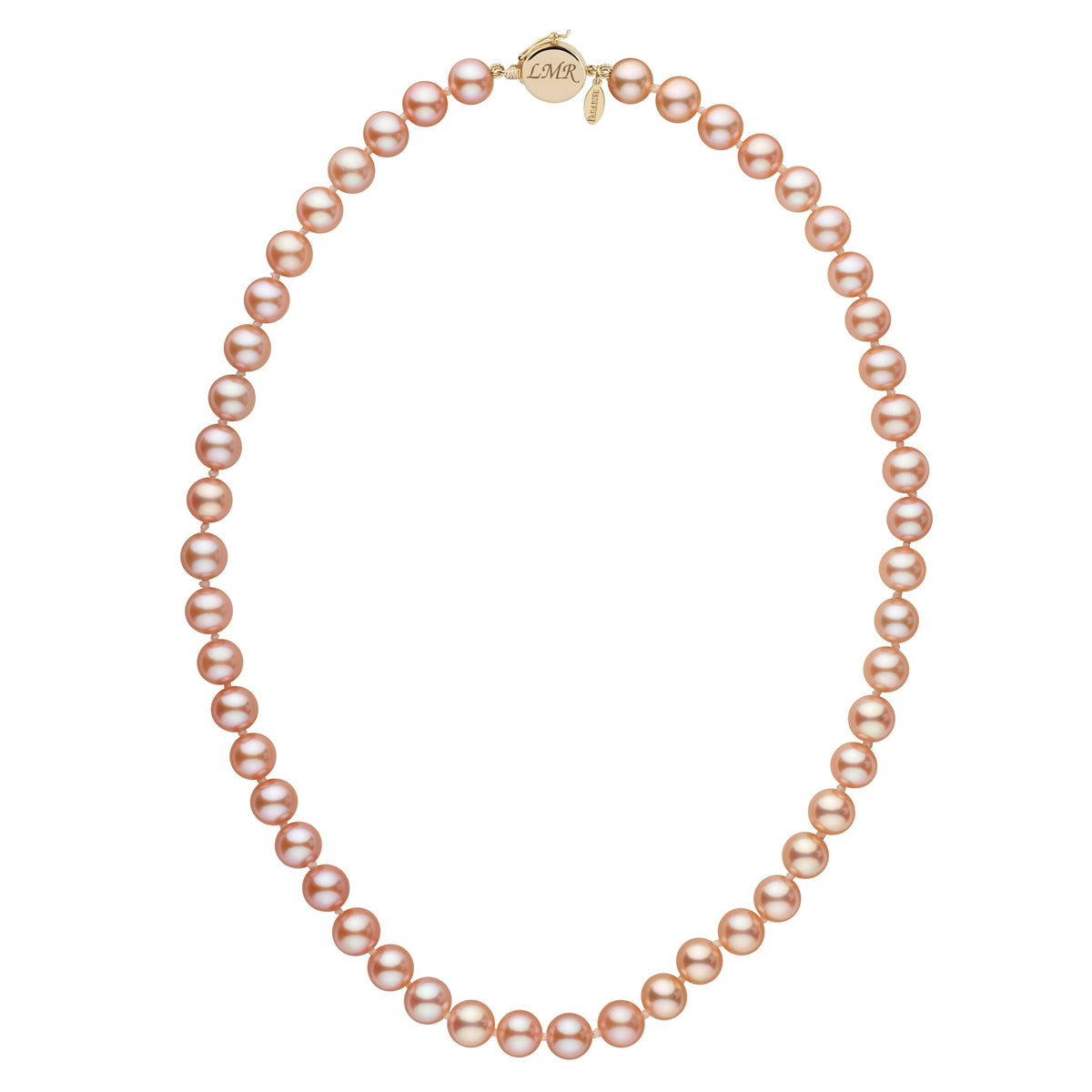 Personalized 7.5-8.0 mm Pink to Peach Freshadama Freshwater Pearl Circle Clasp Necklace featuring lustrous round pearls and a gold circle clasp with engraved initials.