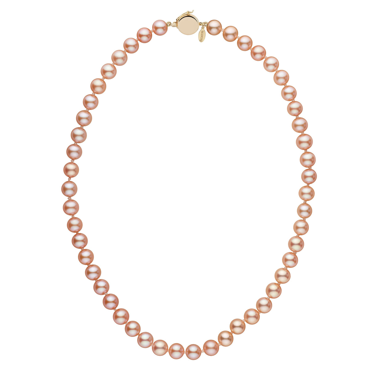 Personalized 7.5-8.0 mm Pink to Peach Freshadama Freshwater Pearl Circle Clasp Necklace featuring lustrous pink and peach freshwater pearls with a secure gold circle clasp.